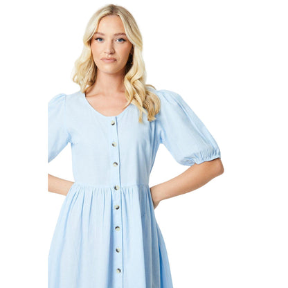 Blue - Side - Dorothy Perkins Womens-Ladies Button Front Puff Sleeve Midi Dress