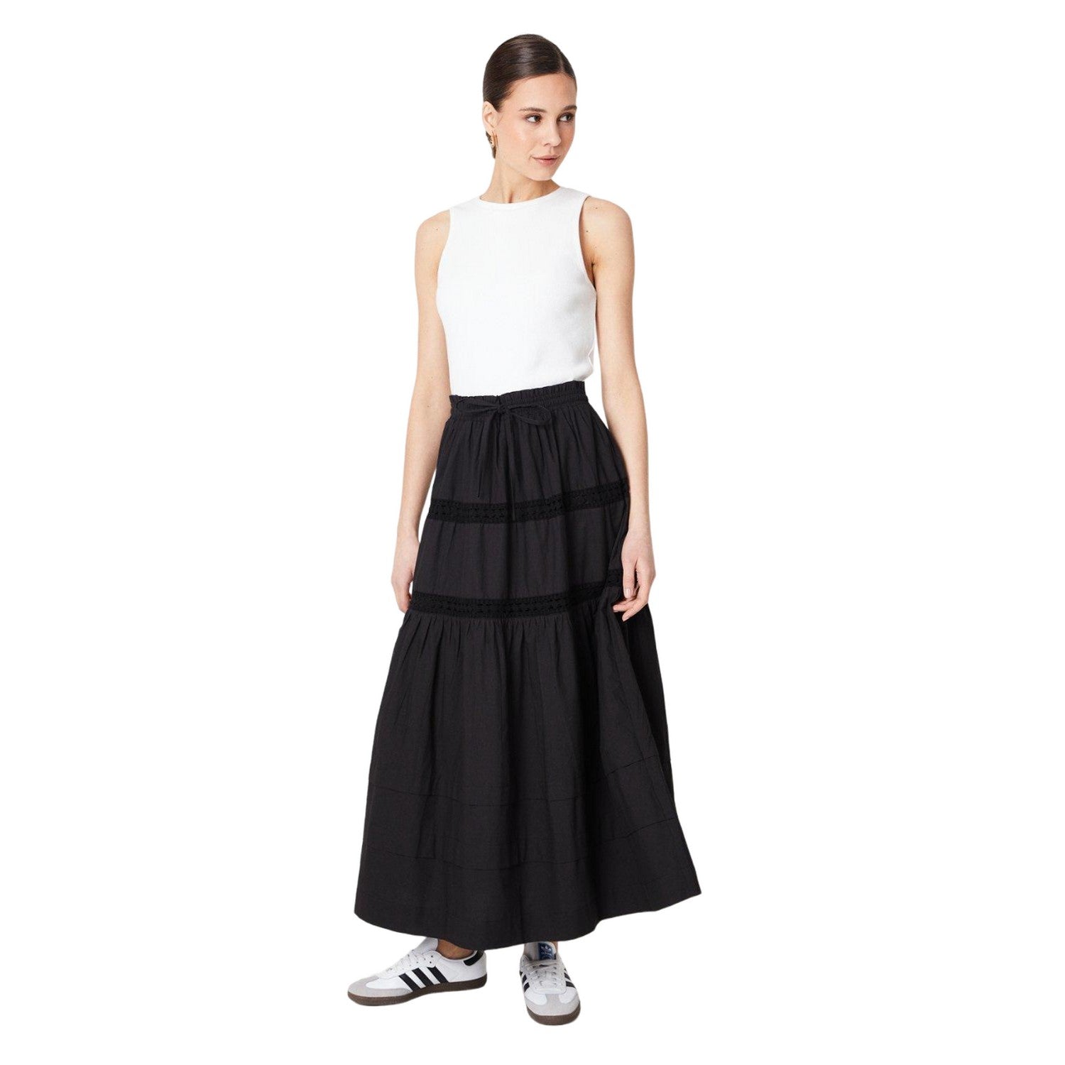 Black - Side - Dorothy Perkins Womens-Ladies Tiered Drawstring Waist Midi Skirt