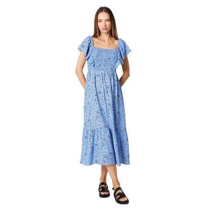Blue - Front - Dorothy Perkins Womens-Ladies Spotted Shirred Bodice Ruffle Midi Dress