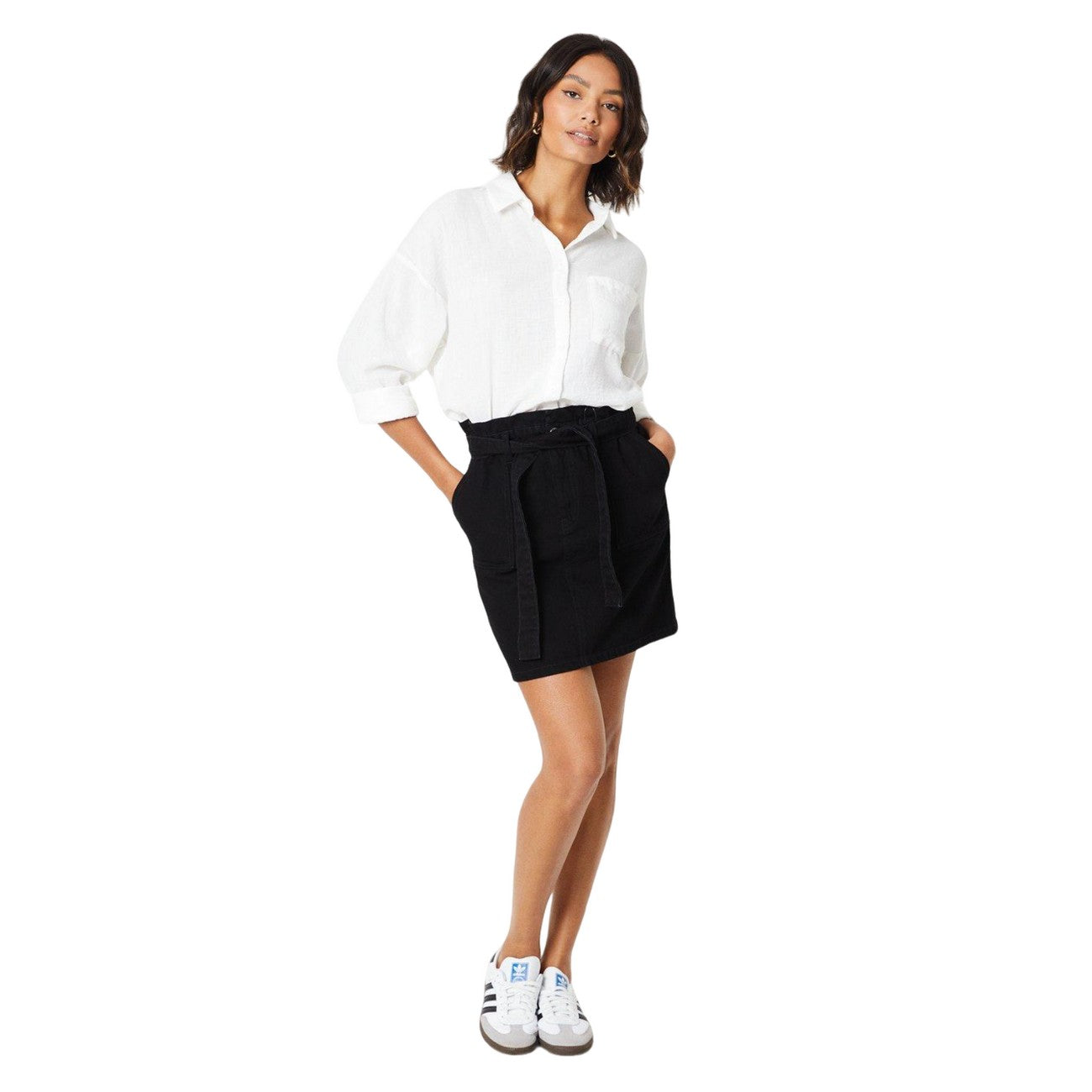 Black - Side - Dorothy Perkins Womens-Ladies Denim Paperbag Mini Skirt
