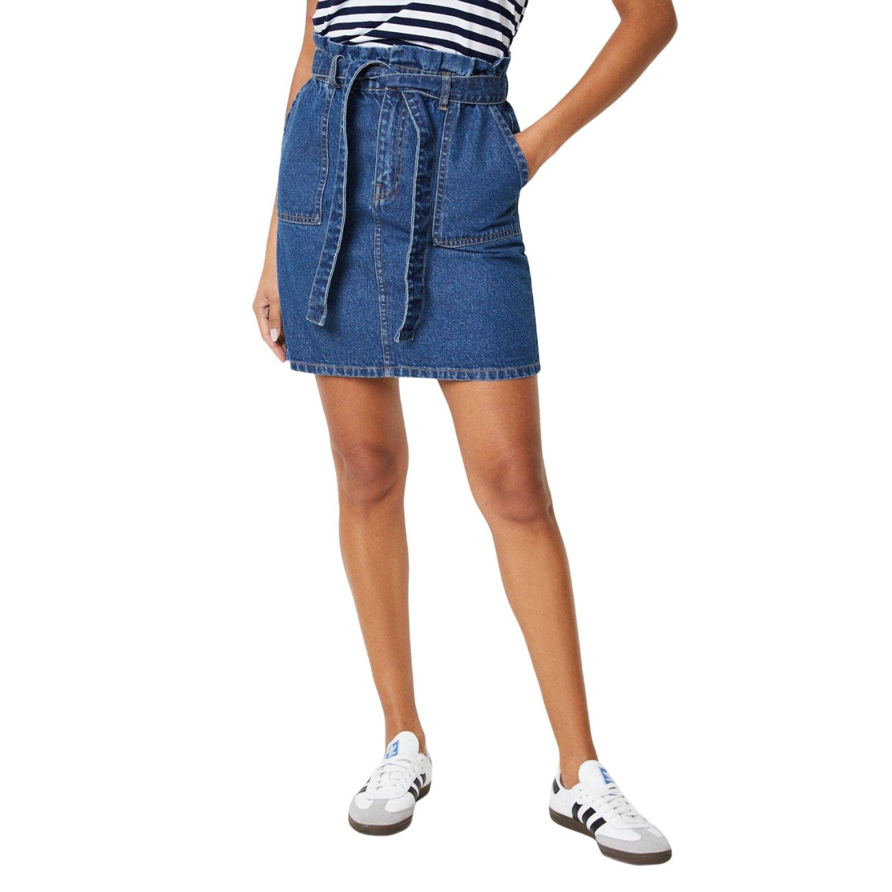 Mid Wash - Front - Dorothy Perkins Womens-Ladies Denim Paperbag Mini Skirt