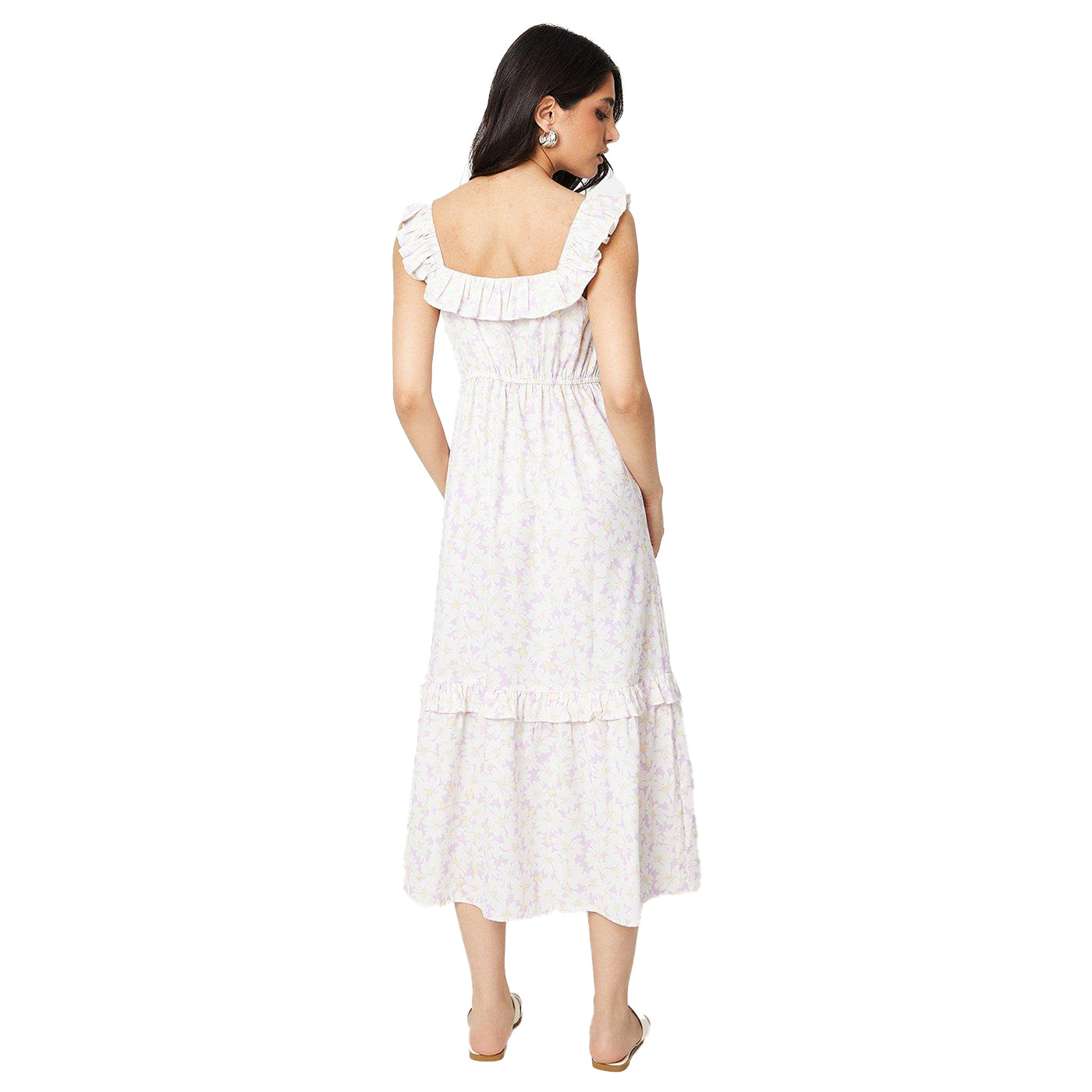 Ivory - Back - Dorothy Perkins Womens-Ladies Floral Frill Neck Midi Dress