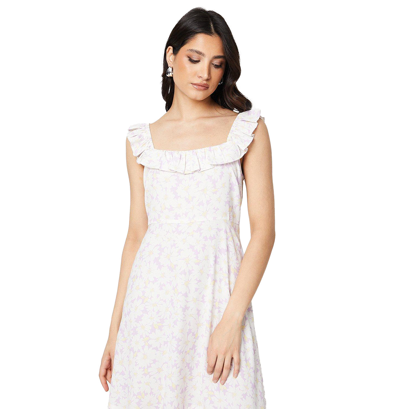 Ivory - Pack Shot - Dorothy Perkins Womens-Ladies Floral Frill Neck Midi Dress