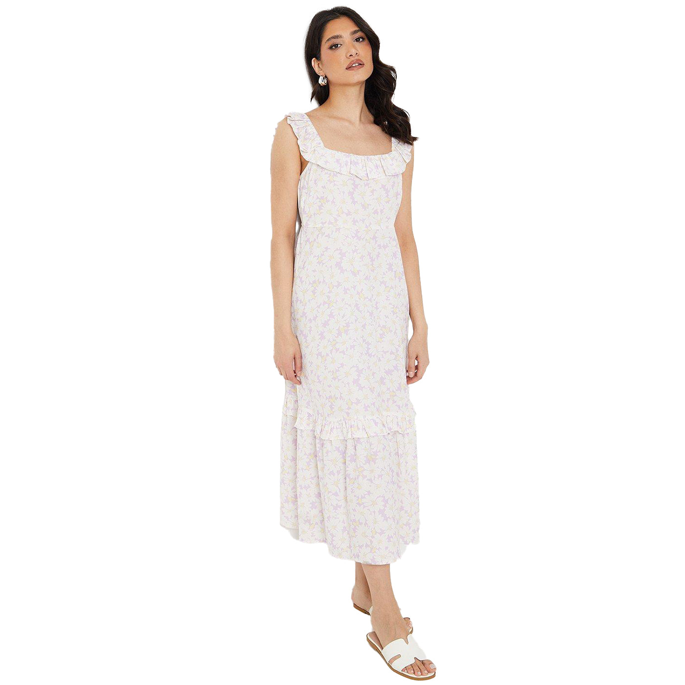 Ivory - Front - Dorothy Perkins Womens-Ladies Floral Frill Neck Midi Dress
