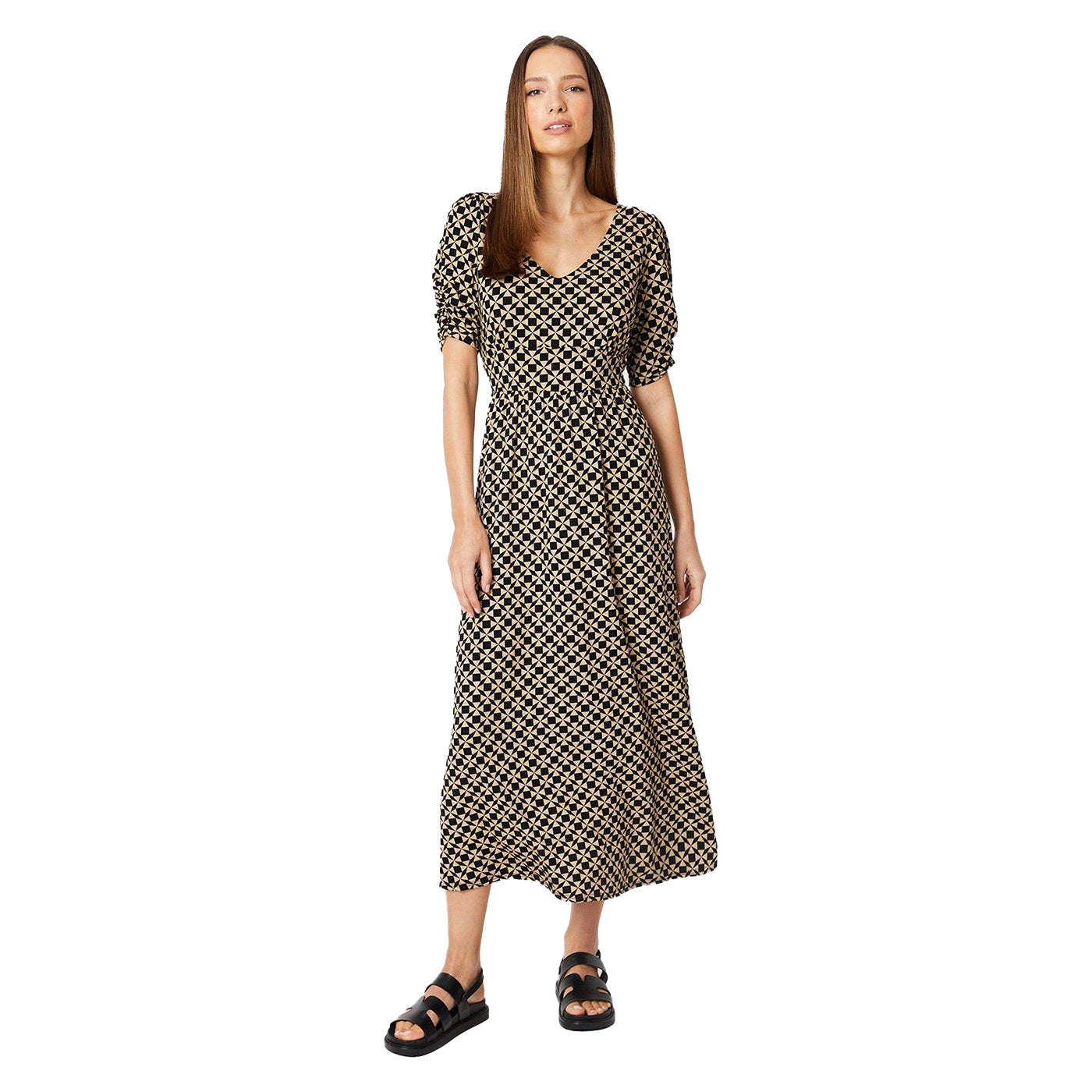 Black-Cream - Front - Dorothy Perkins Womens-Ladies Geometric Ruched Midi Dress