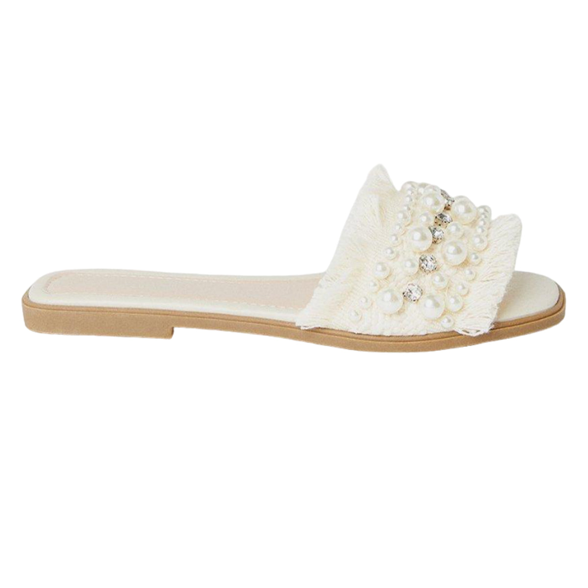 Beige - Back - Faith Womens-Ladies Marlie Pearl Diamante Fringed Flat Mule Sandals