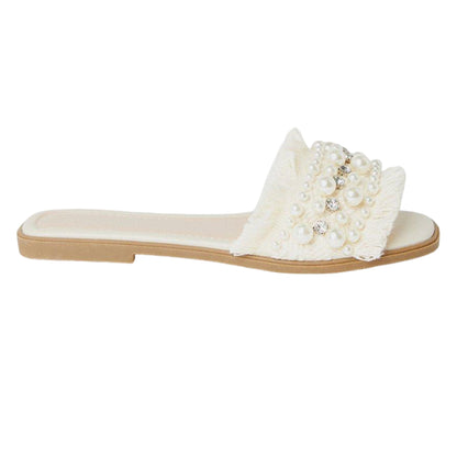 Beige - Back - Faith Womens-Ladies Marlie Pearl Diamante Fringed Flat Mule Sandals