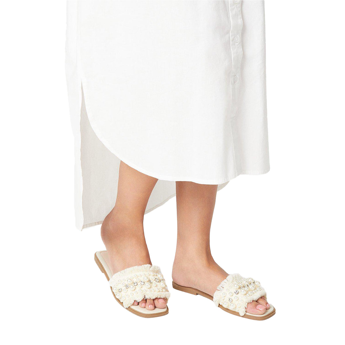 Beige - Side - Faith Womens-Ladies Marlie Pearl Diamante Fringed Flat Mule Sandals