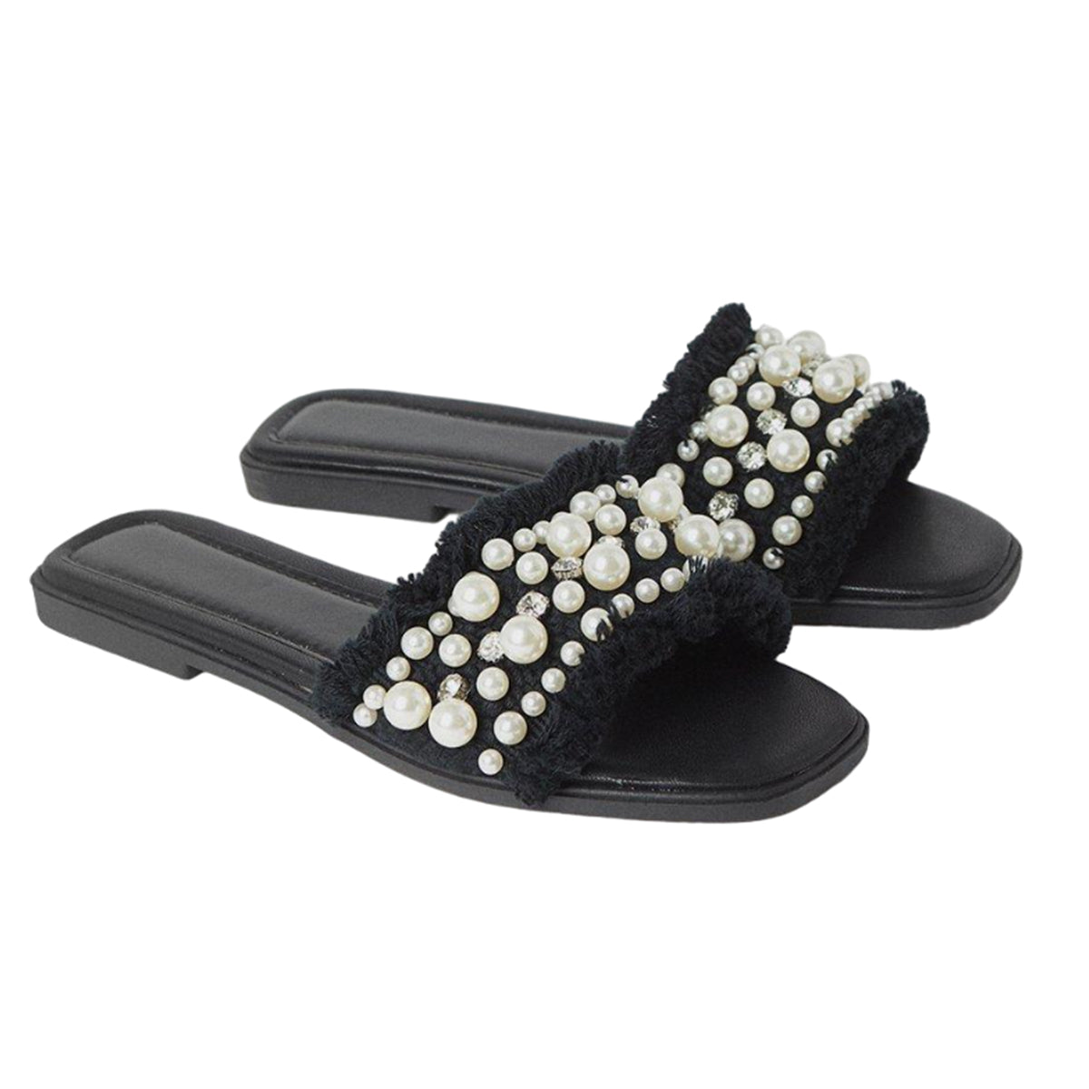 Black - Front - Faith Womens-Ladies Marlie Pearl Diamante Fringed Flat Mule Sandals