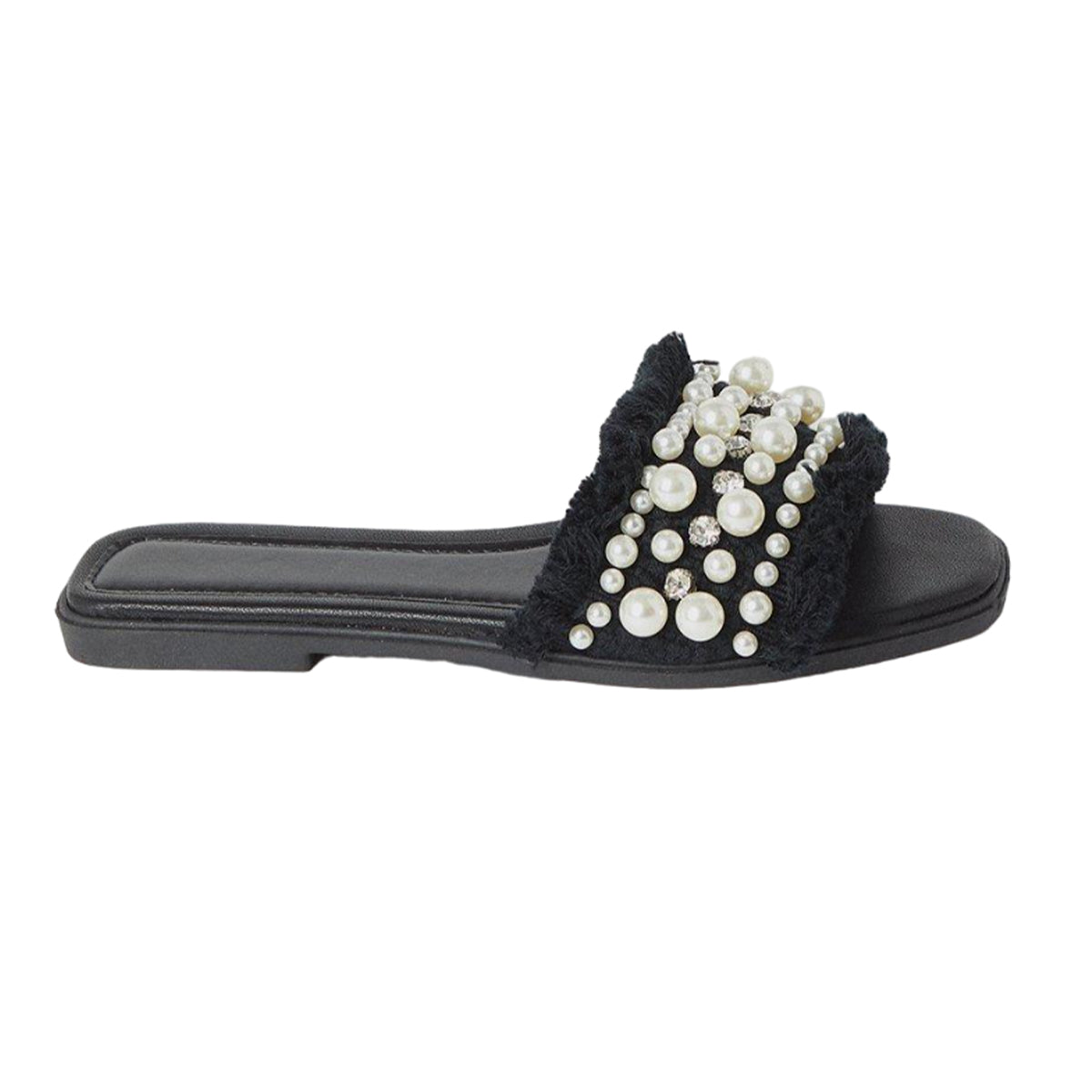 Black - Back - Faith Womens-Ladies Marlie Pearl Diamante Fringed Flat Mule Sandals