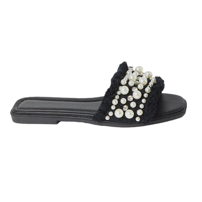 Black - Back - Faith Womens-Ladies Marlie Pearl Diamante Fringed Flat Mule Sandals