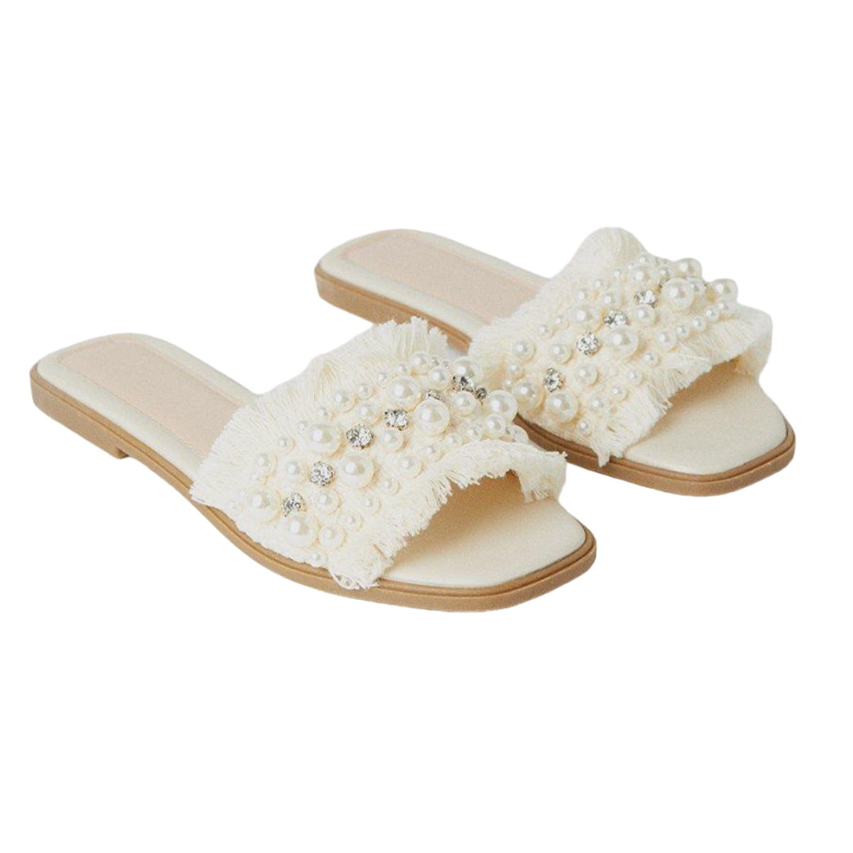 Beige - Front - Faith Womens-Ladies Marlie Pearl Diamante Fringed Flat Mule Sandals