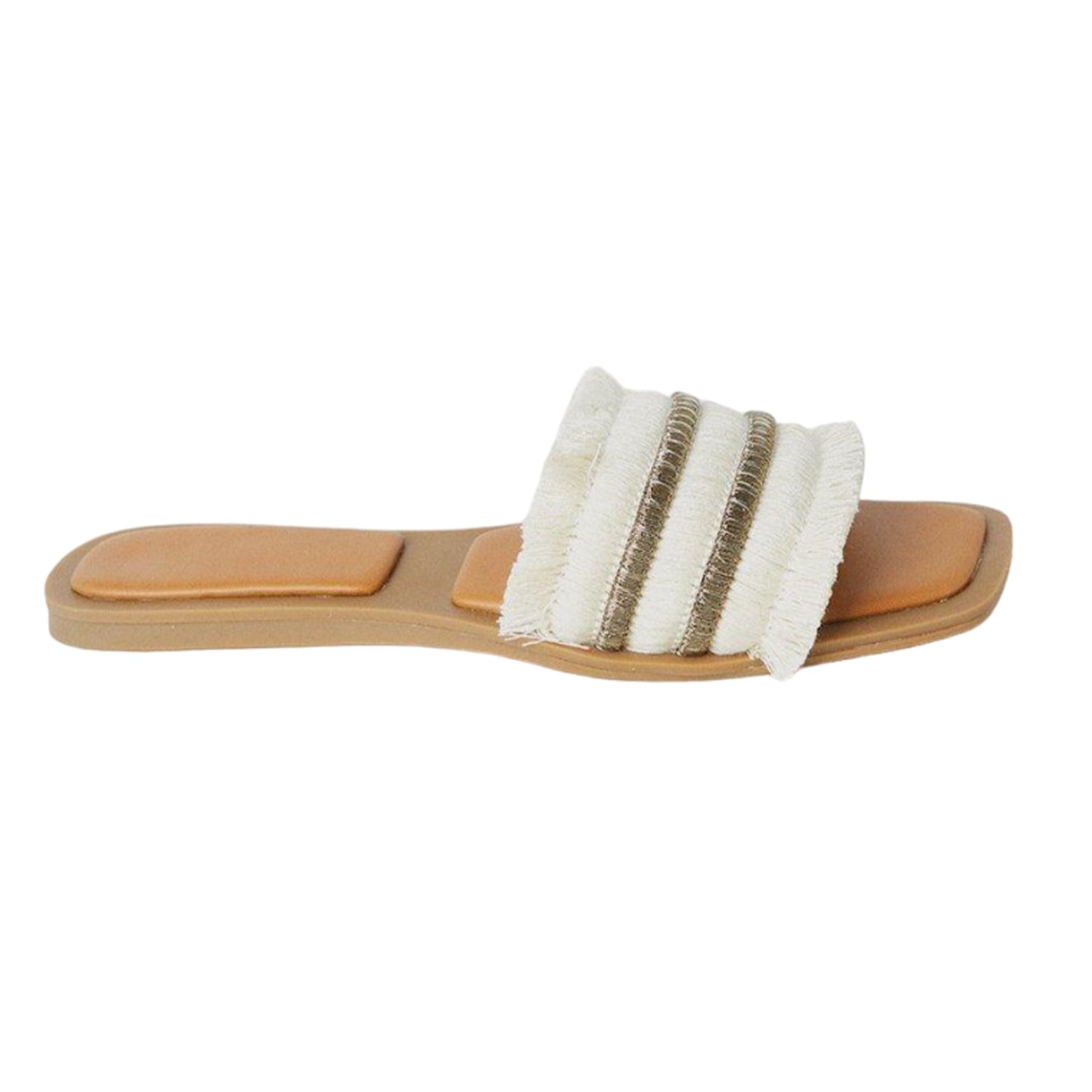 Beige - Back - Faith Womens-Ladies Mina Fringe Flat Mule Sandals