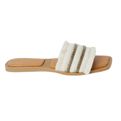 Beige - Back - Faith Womens-Ladies Mina Fringe Flat Mule Sandals