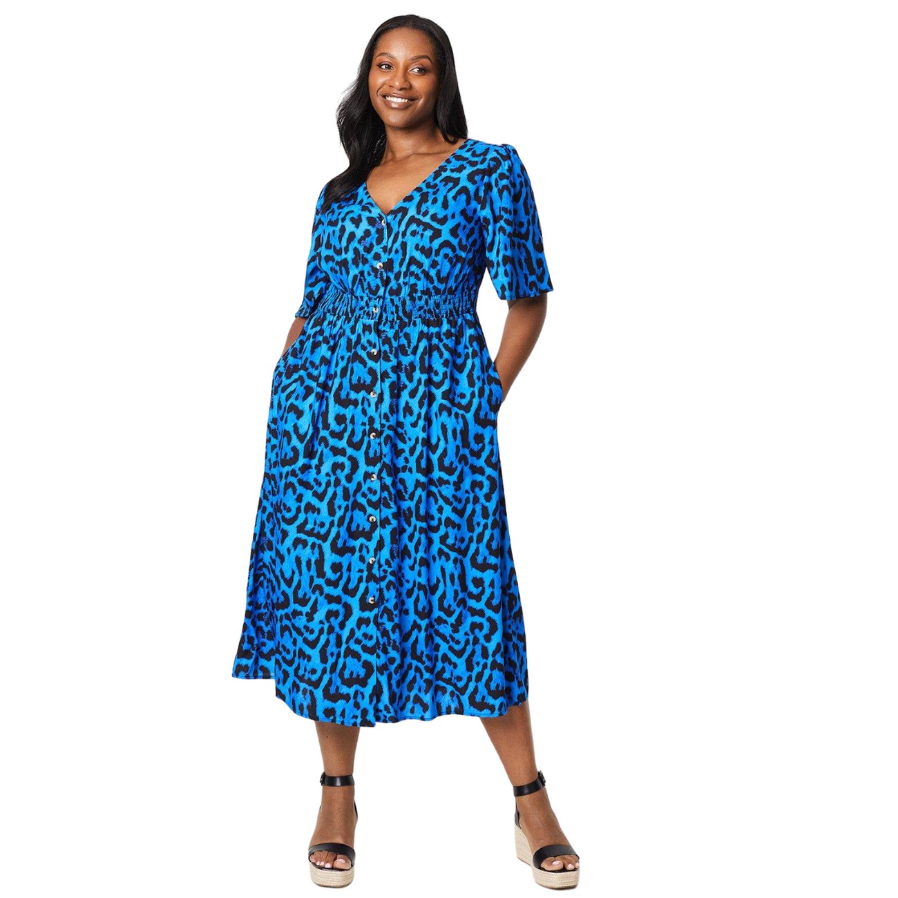 Blue - Front - Dorothy Perkins Womens-Ladies Leopard Print Button Front Plus Midi Dress