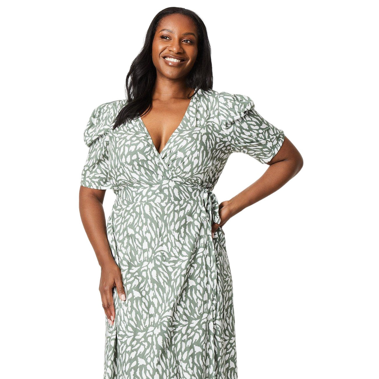 Khaki Green - Side - Dorothy Perkins Womens-Ladies Abstract Wrap Plus Midi Dress