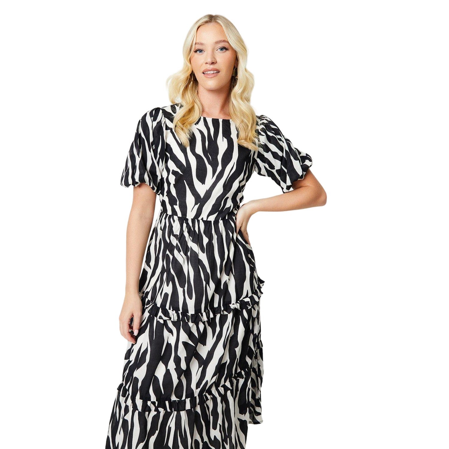 Black-White - Side - Dorothy Perkins Womens-Ladies Zebra Print Voile Tiered Midi Dress