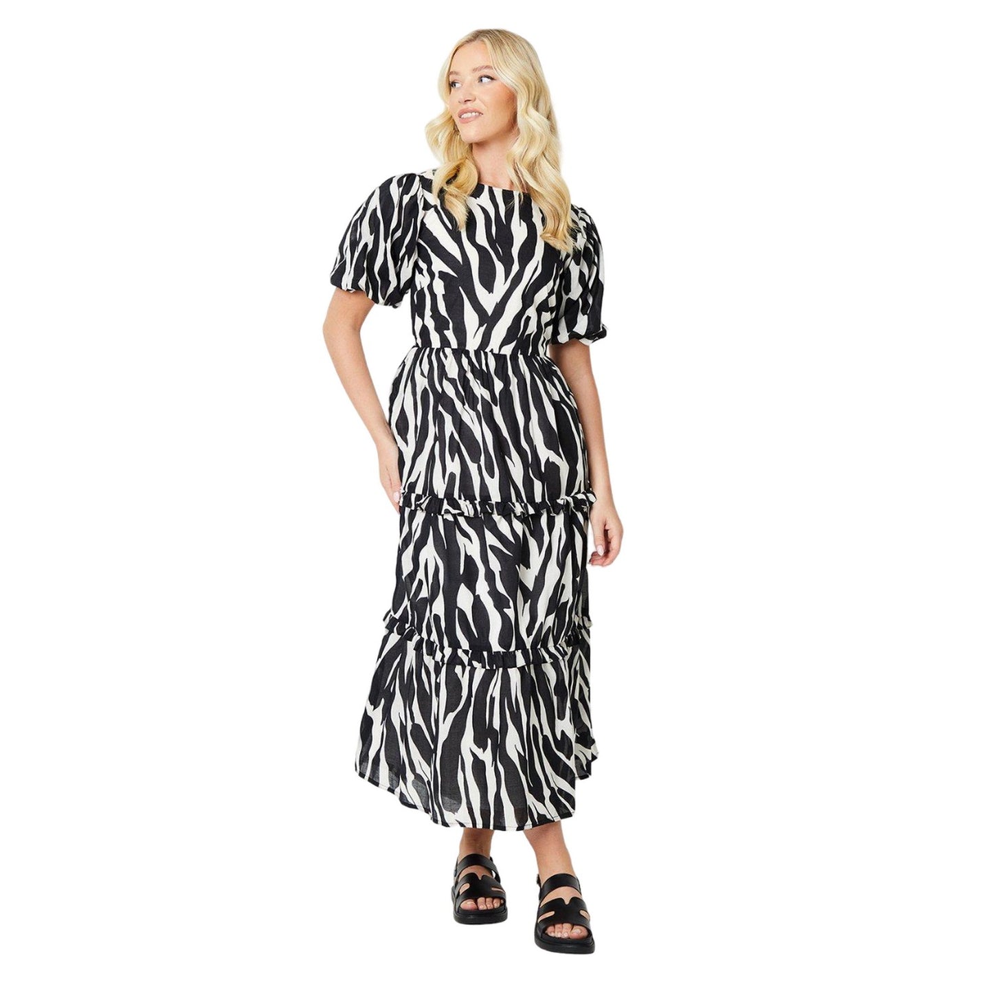 Black-White - Front - Dorothy Perkins Womens-Ladies Zebra Print Voile Tiered Midi Dress