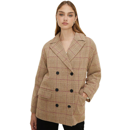 Brown - Front - Dorothy Perkins Womens-Ladies Checked Double-Breasted Coat