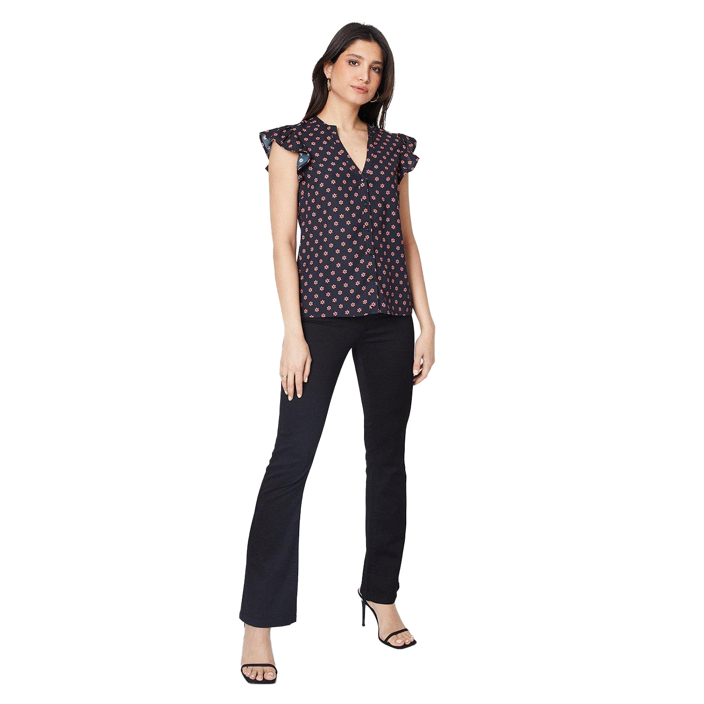 Black - Pack Shot - Dorothy Perkins Womens-Ladies Ditsy Print Button Front Shell Top