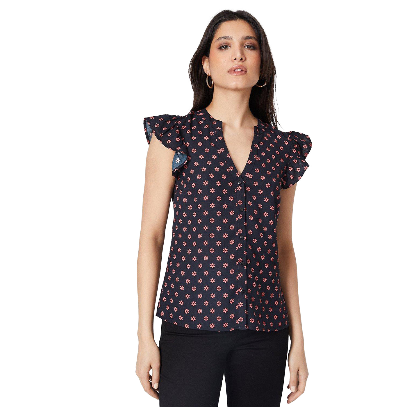 Black - Front - Dorothy Perkins Womens-Ladies Ditsy Print Button Front Shell Top