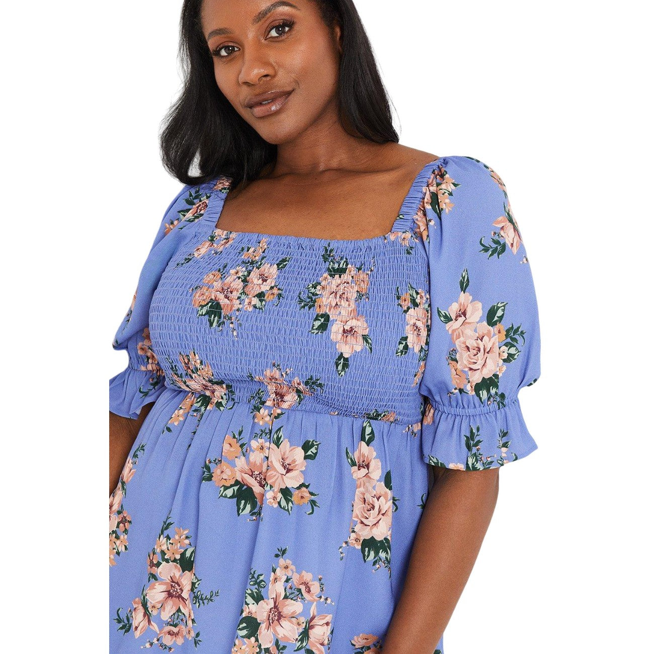 Blue - Side - Dorothy Perkins Womens-Ladies Floral Square Neck Curved Top