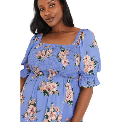 Blue - Side - Dorothy Perkins Womens-Ladies Floral Square Neck Curved Top