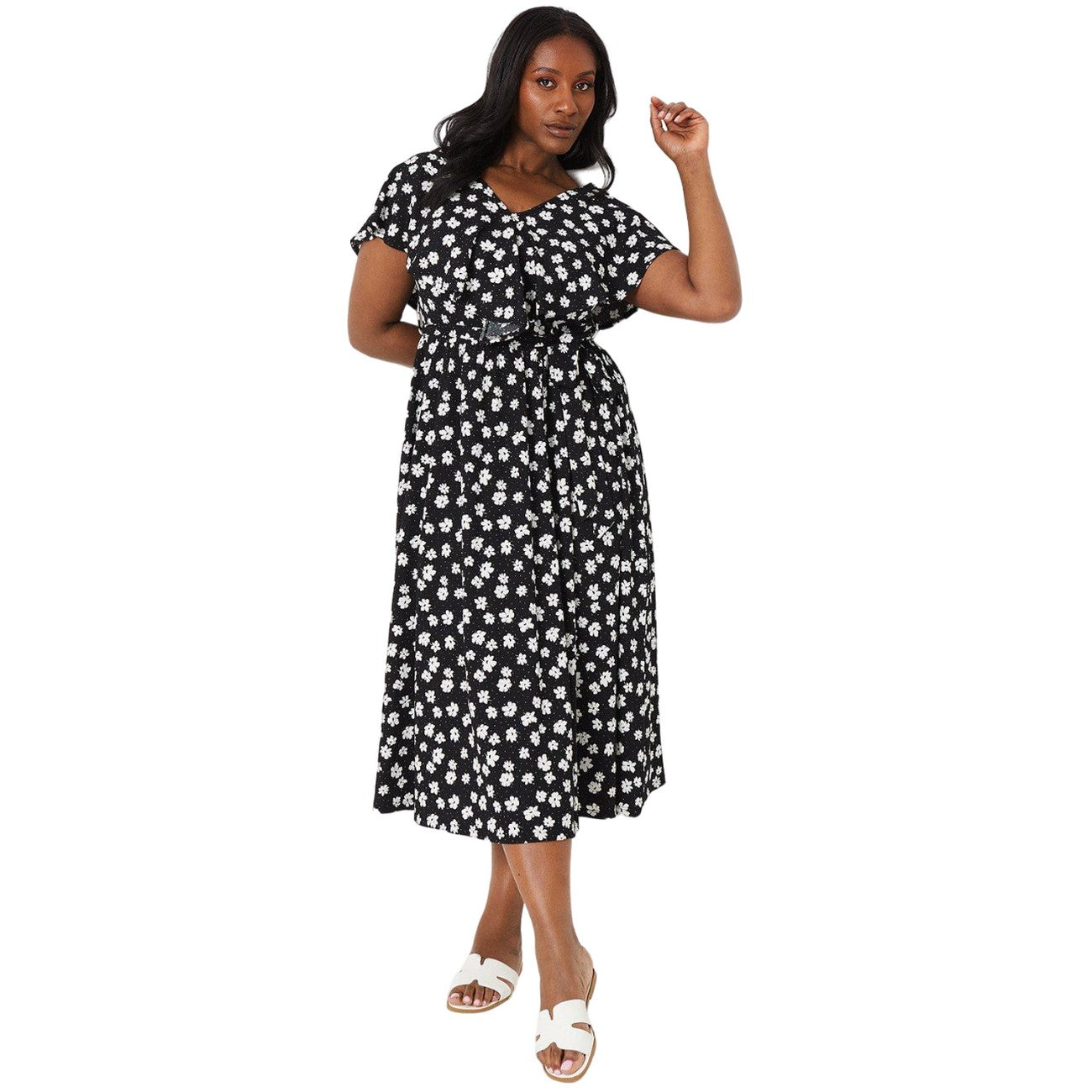 Monochrome - Front - Dorothy Perkins Womens-Ladies Ditsy Print Curved Ruffle Midi Dress