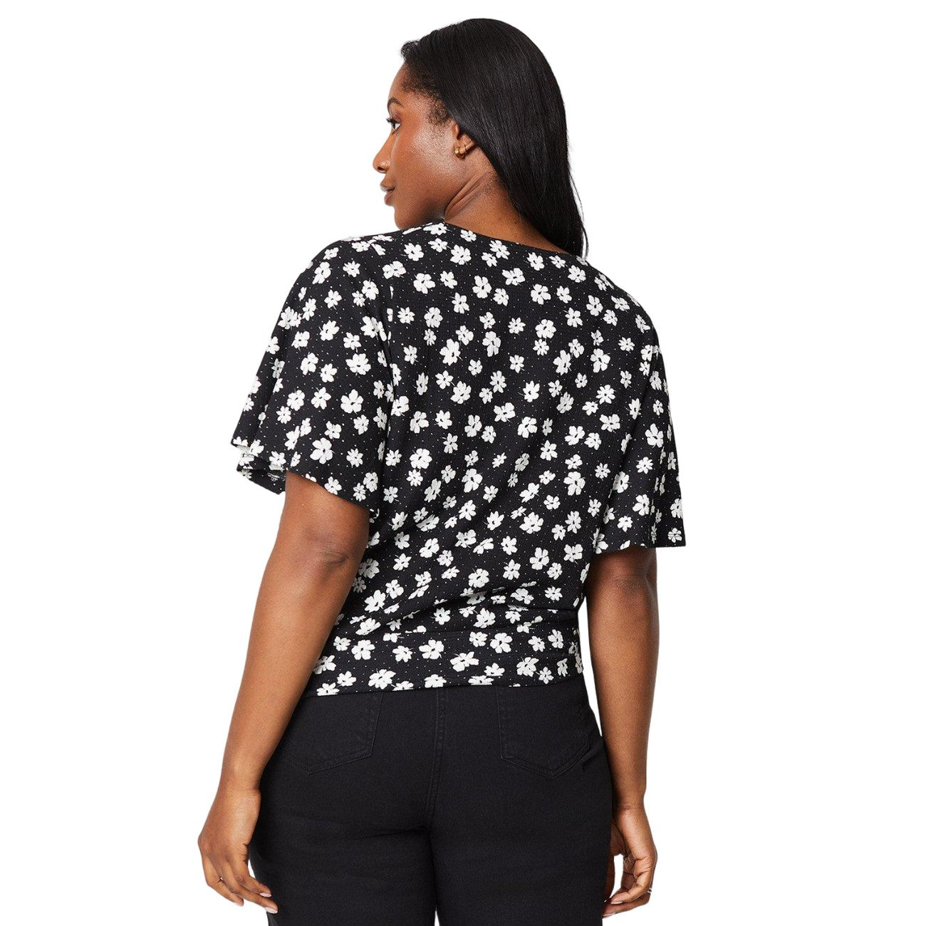 Monochrome - Back - Dorothy Perkins Womens-Ladies Ditsy Print Wrap Curved Flutter Top