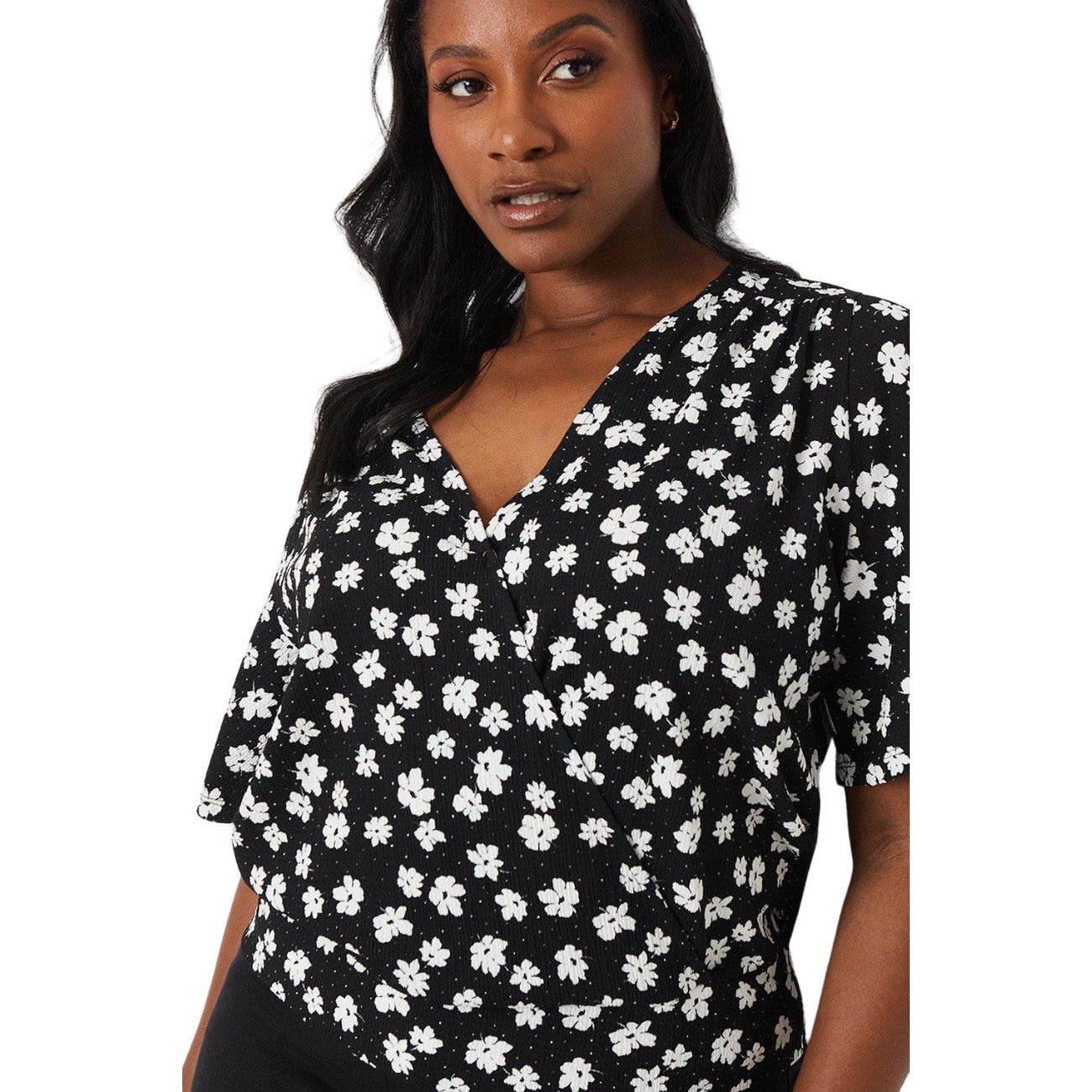 Monochrome - Side - Dorothy Perkins Womens-Ladies Ditsy Print Wrap Curved Flutter Top