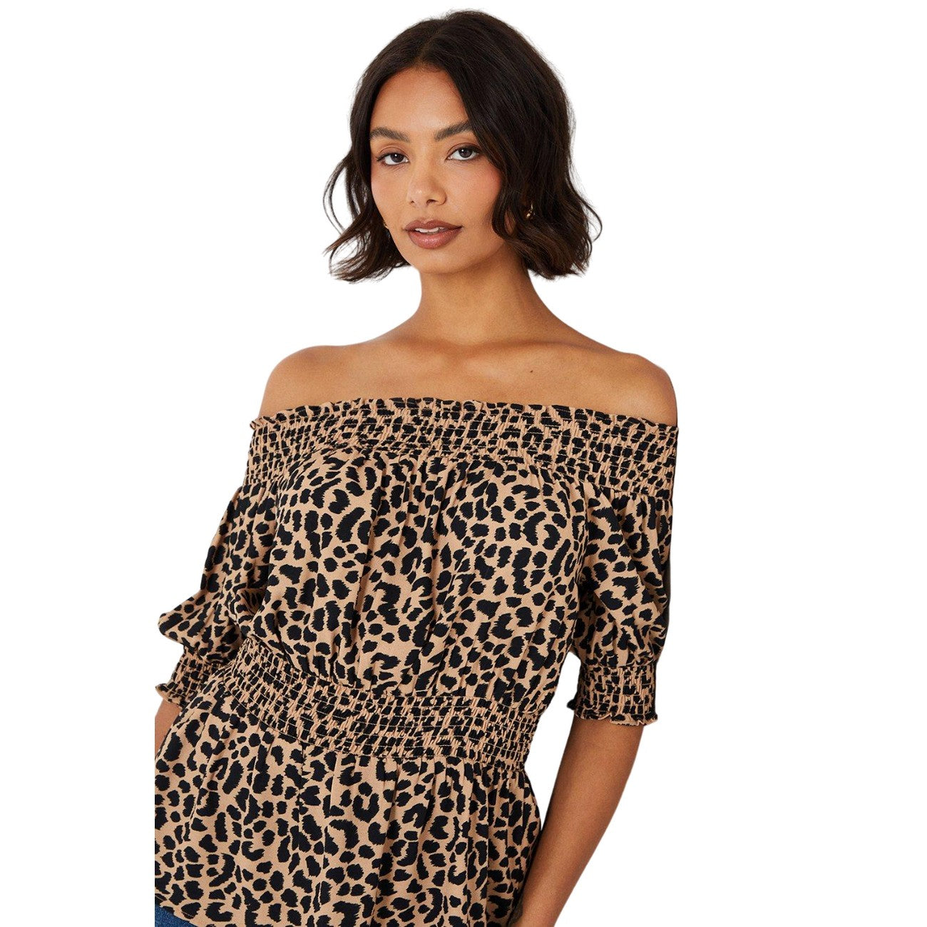 Brown-Black - Side - Dorothy Perkins Womens-Ladies Leopard Print Bardot Top