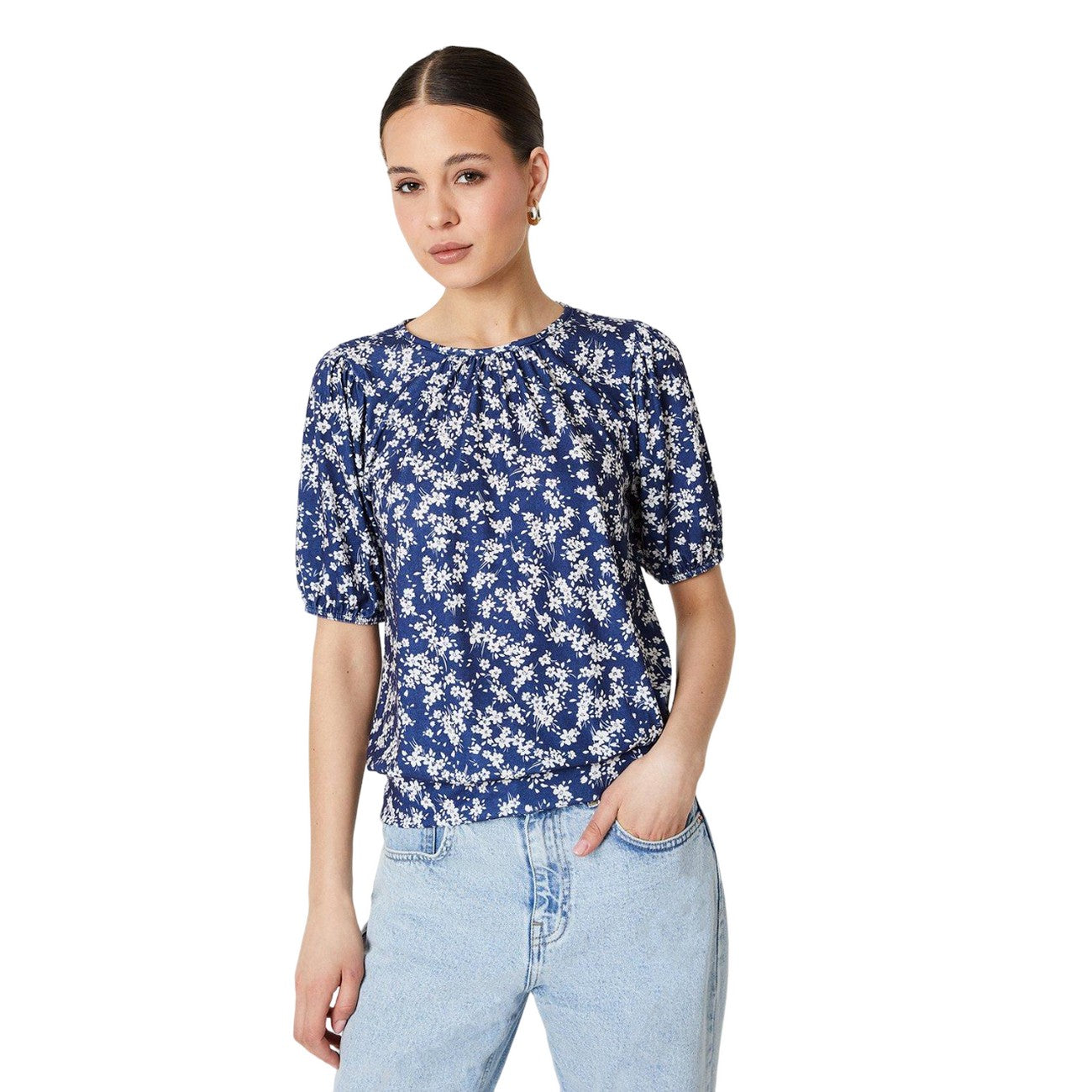 Navy - Front - Dorothy Perkins Womens-Ladies Banded Hem Puff Sleeve Top