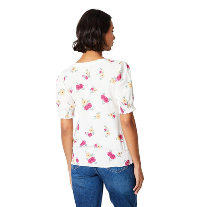 White-Yellow-Pink - Back - Dorothy Perkins Womens-Ladies Floral Button Through Puff Sleeve Top
