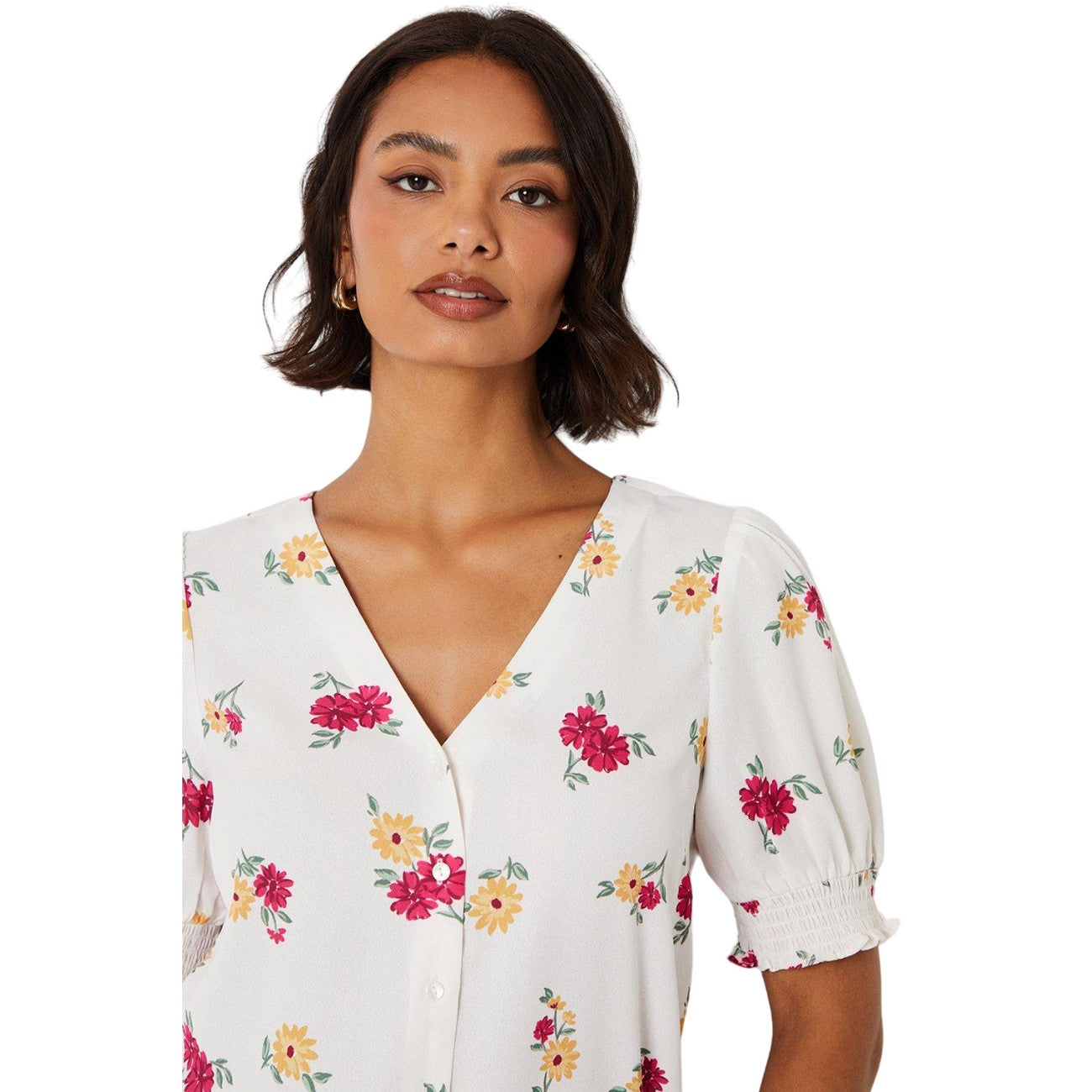 White-Yellow-Pink - Side - Dorothy Perkins Womens-Ladies Floral Button Through Puff Sleeve Top