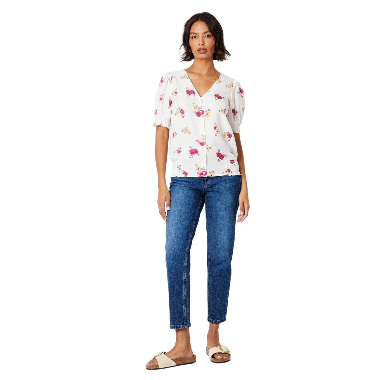 White-Yellow-Pink - Lifestyle - Dorothy Perkins Womens-Ladies Floral Button Through Puff Sleeve Top