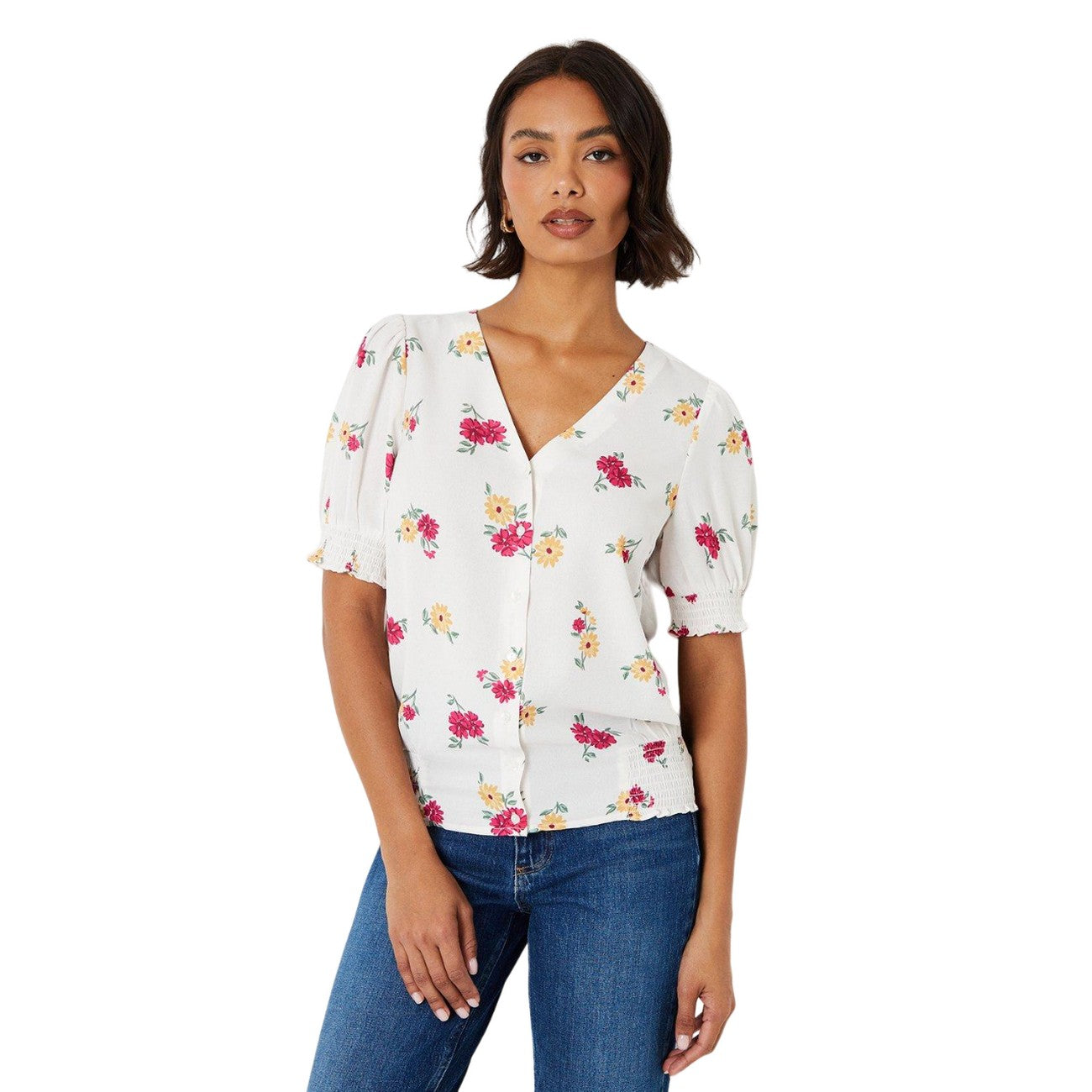 White-Yellow-Pink - Front - Dorothy Perkins Womens-Ladies Floral Button Through Puff Sleeve Top