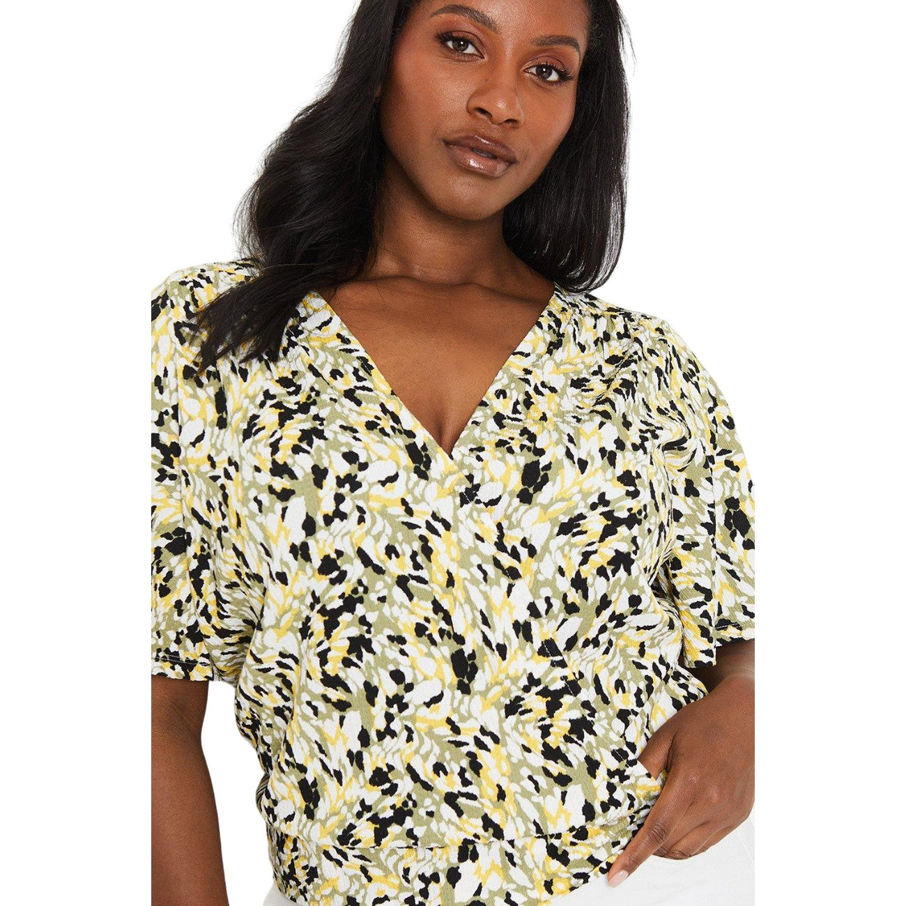 Khaki Green - Side - Dorothy Perkins Womens-Ladies Abstract Wrap Curved Flutter Top