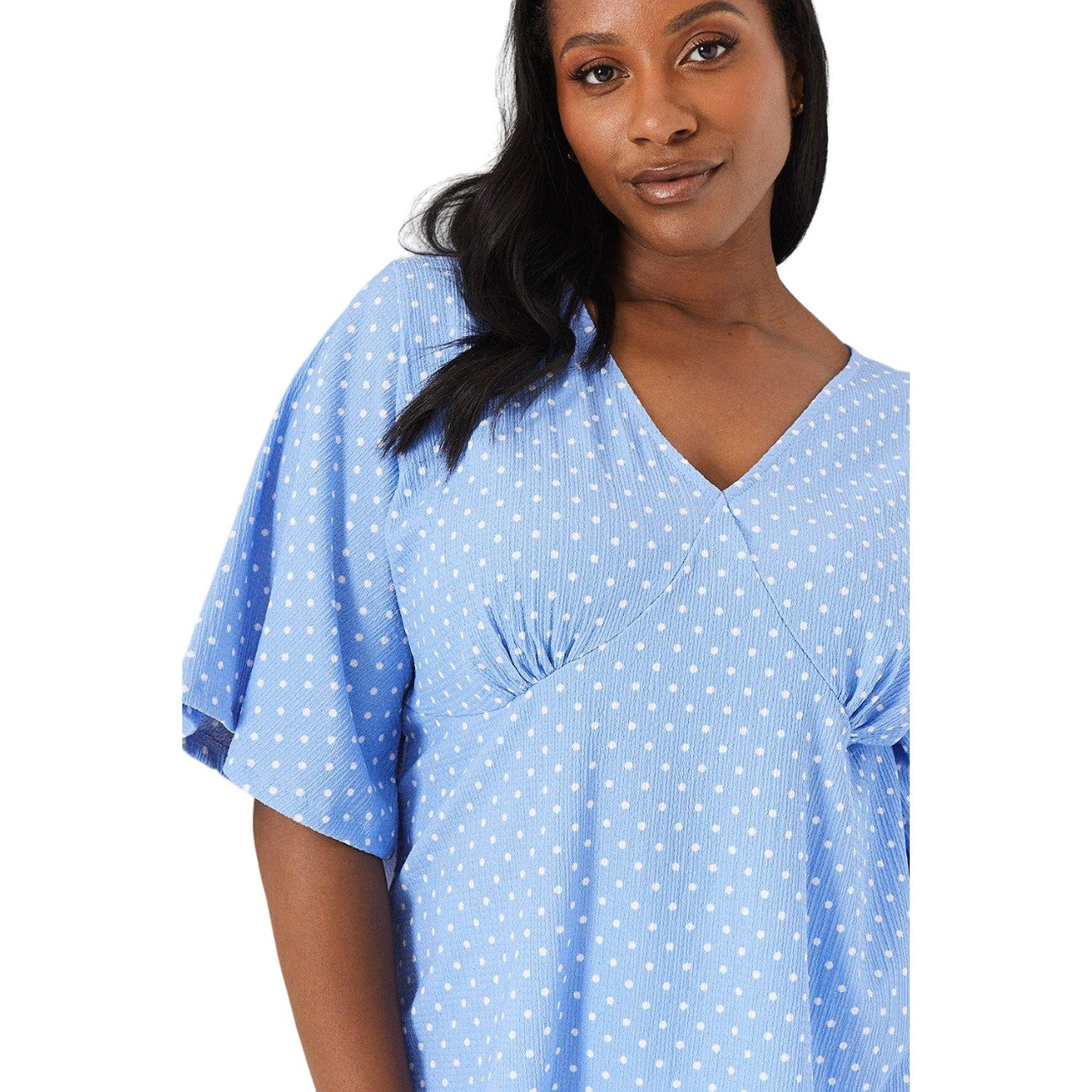 Blue - Side - Dorothy Perkins Womens-Ladies Spotted V Neck Curved Angel Sleeve Top