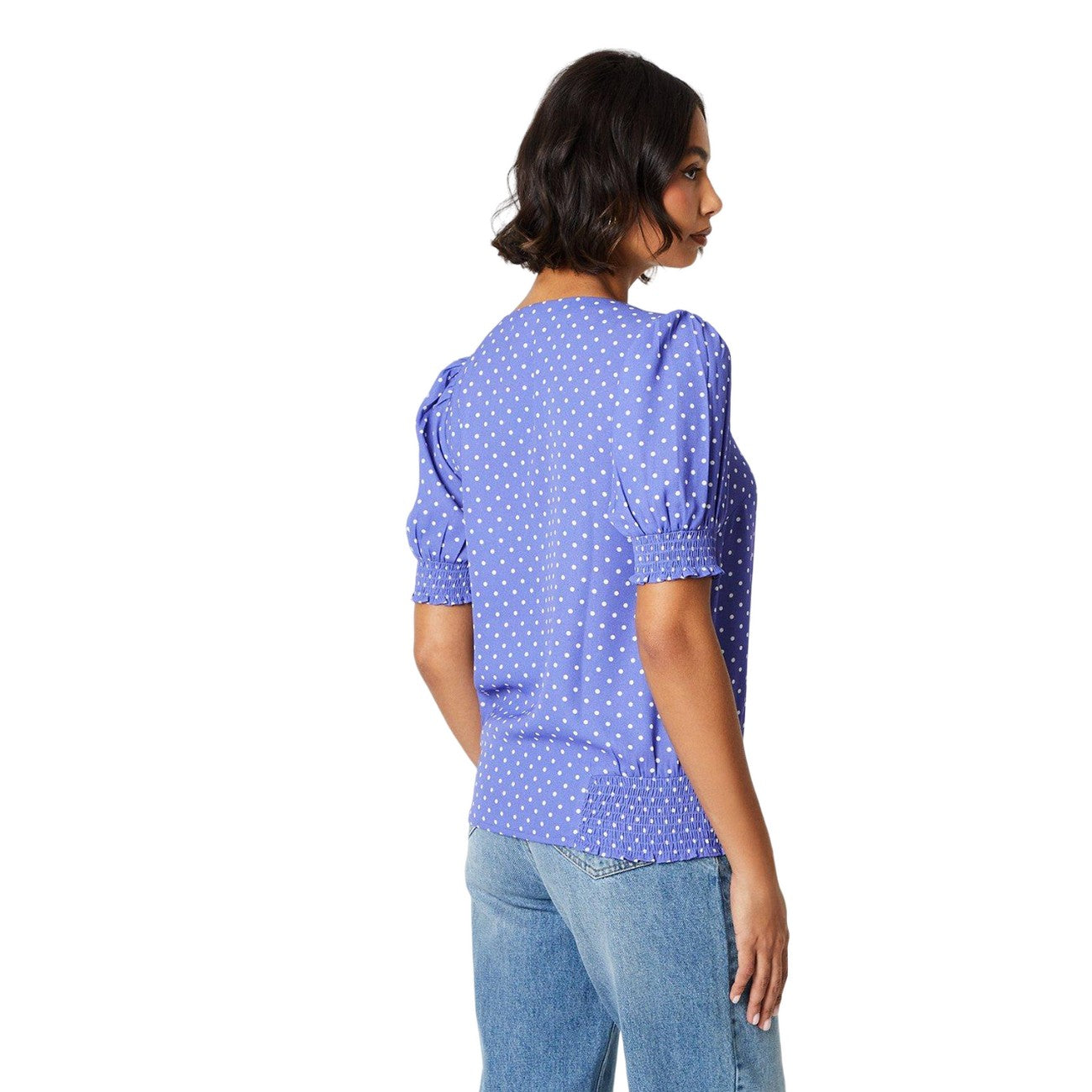 Blue - Back - Dorothy Perkins Womens-Ladies Spotted Button Through Puff Sleeve Top