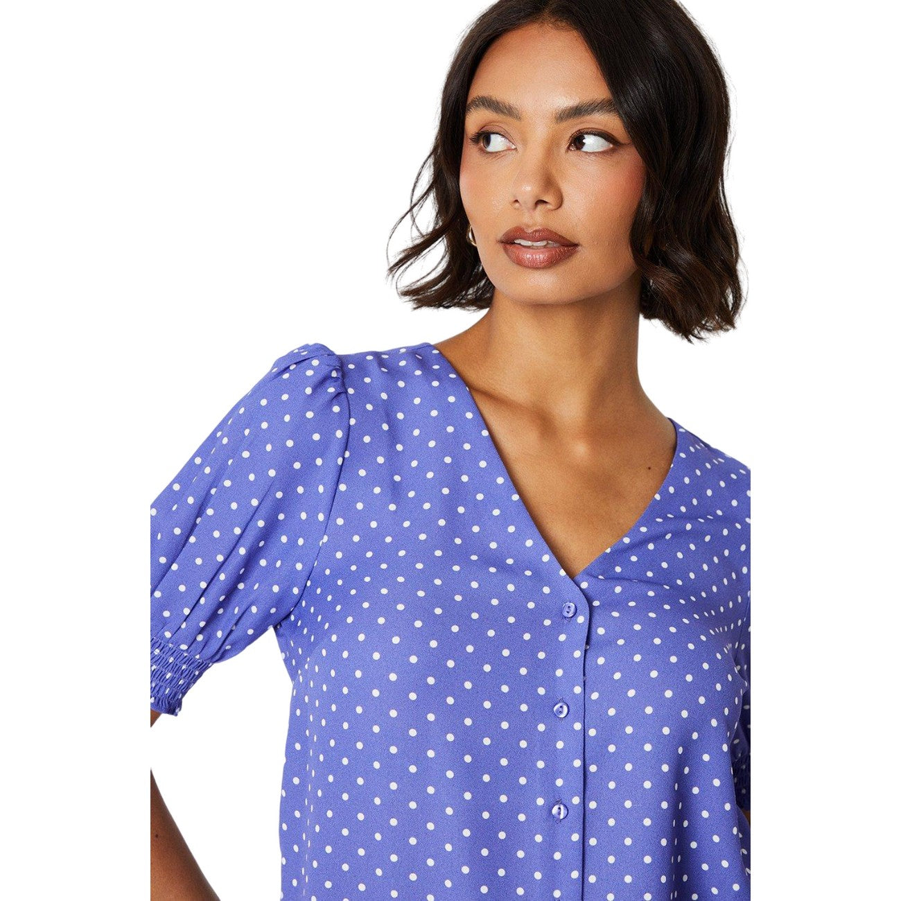 Blue - Side - Dorothy Perkins Womens-Ladies Spotted Button Through Puff Sleeve Top