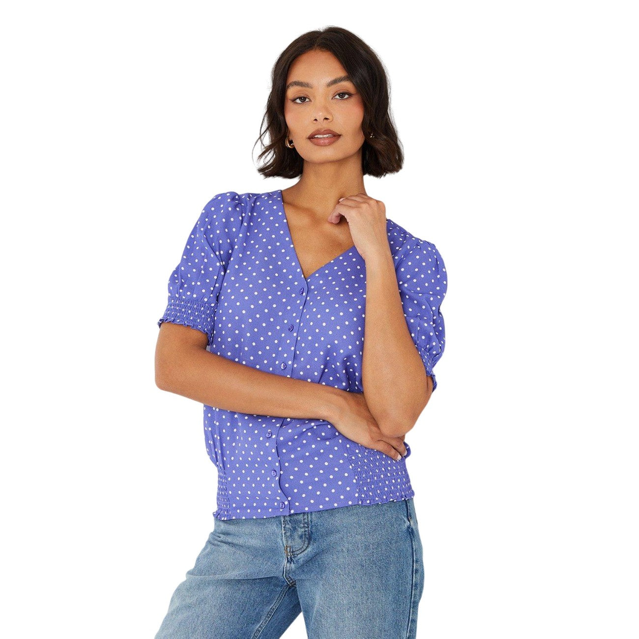 Blue - Front - Dorothy Perkins Womens-Ladies Spotted Button Through Puff Sleeve Top