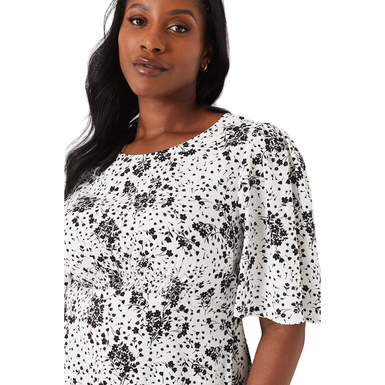 Monochrome - Side - Dorothy Perkins Womens-Ladies Ditsy Print Angel Sleeve Top