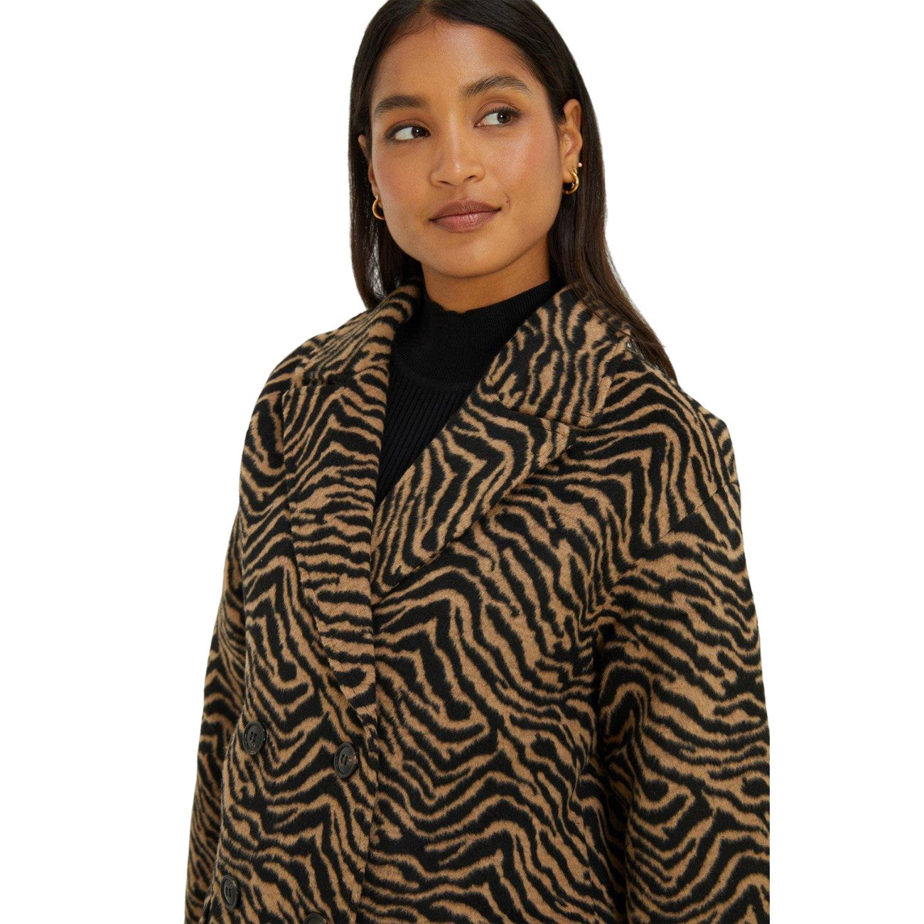 Brown-Black - Side - Dorothy Perkins Womens-Ladies Animal Print Double-Breasted Coat