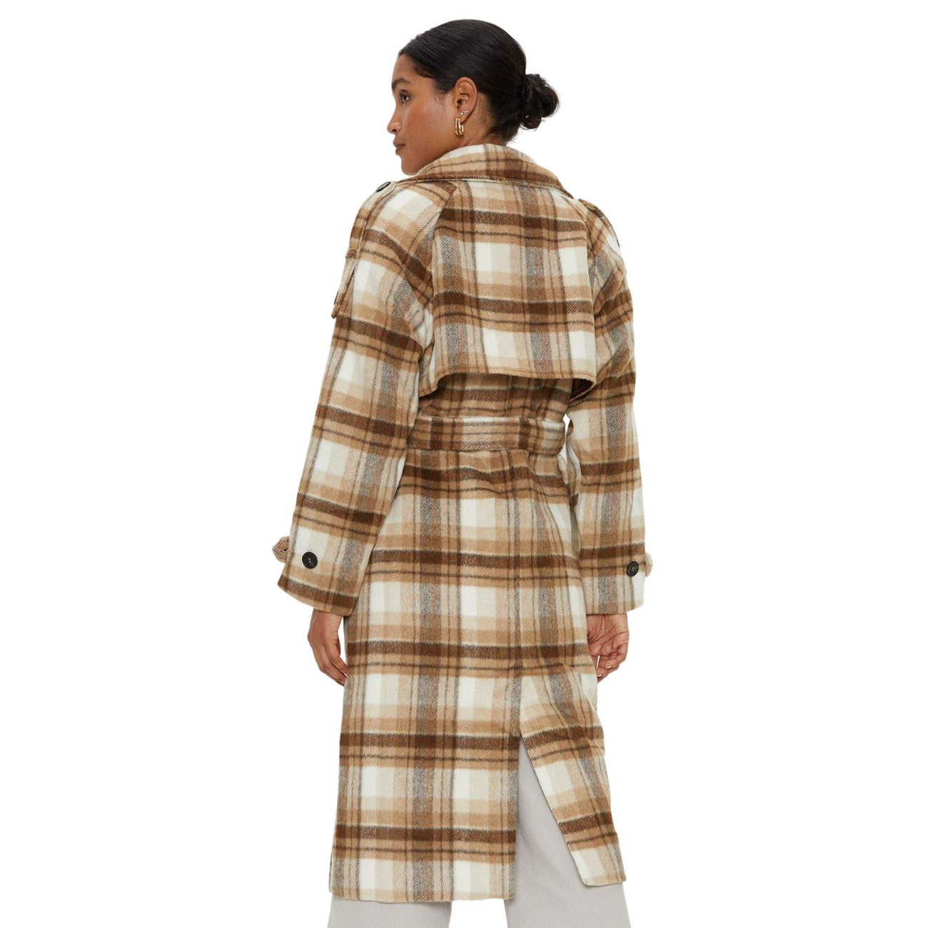 Brown-White - Back - Dorothy Perkins Womens-Ladies Checked Longline Double Breasted Coat