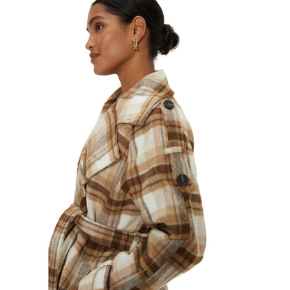 Brown-White - Side - Dorothy Perkins Womens-Ladies Checked Longline Double Breasted Coat