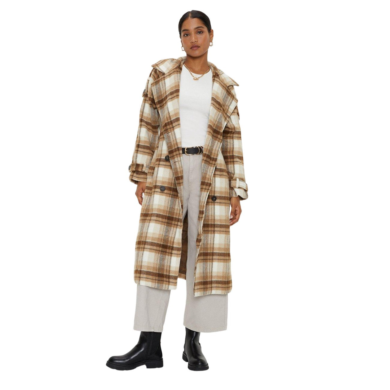 Brown-White - Lifestyle - Dorothy Perkins Womens-Ladies Checked Longline Double Breasted Coat