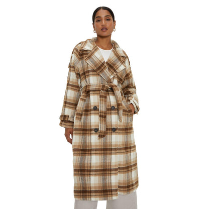 Brown-White - Front - Dorothy Perkins Womens-Ladies Checked Longline Double Breasted Coat