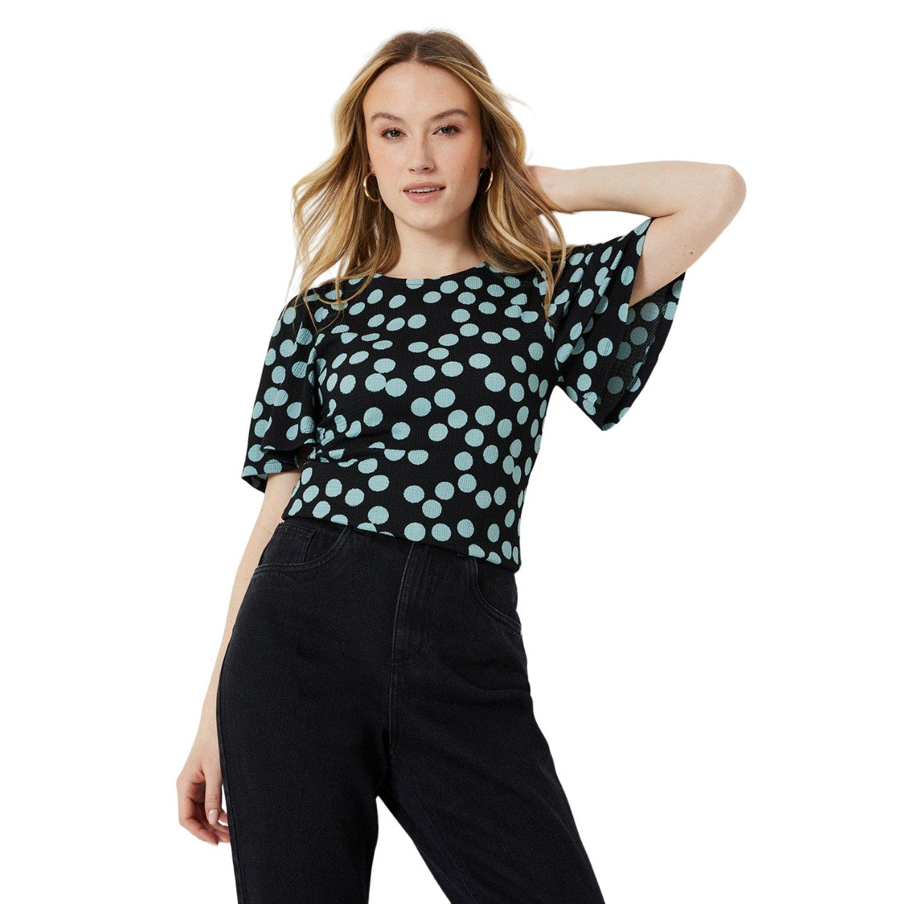 Black-Blue - Side - Dorothy Perkins Womens-Ladies Spotted Angel Sleeve Top