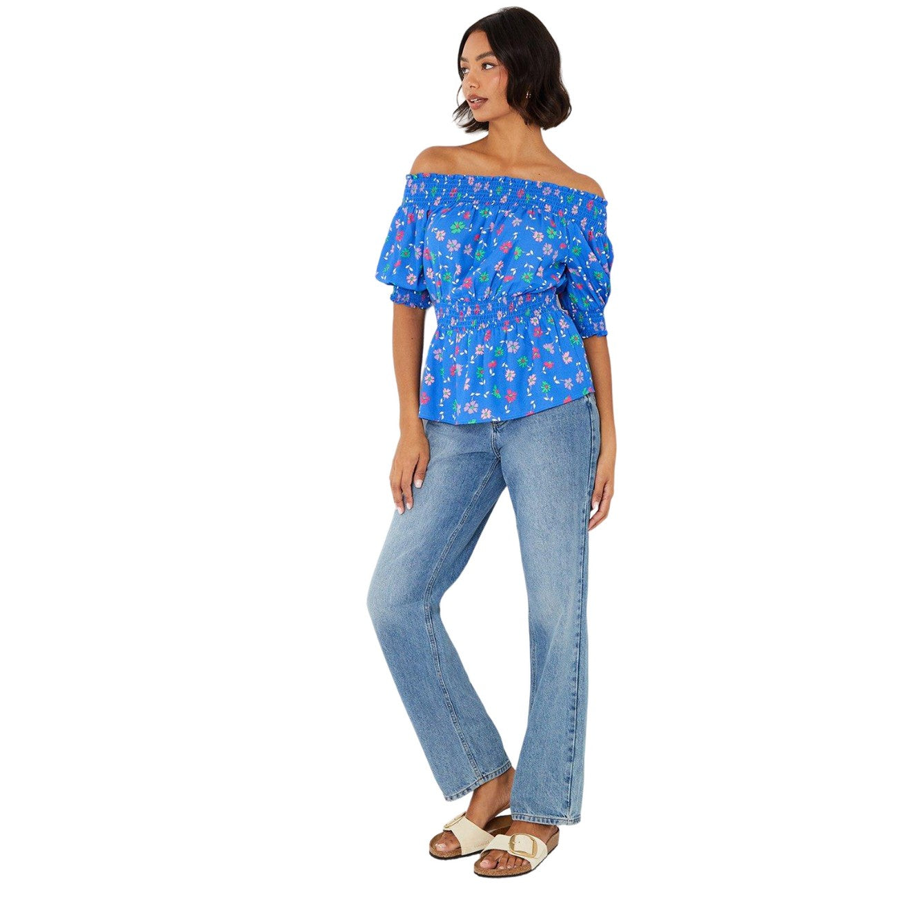 Blue - Side - Dorothy Perkins Womens-Ladies Ditsy Print Shirred Bardot Top