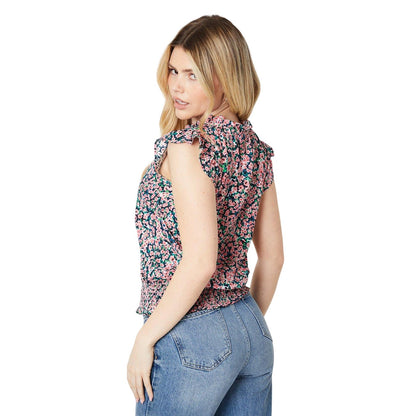 Pink-Green - Back - Dorothy Perkins Womens-Ladies Ditsy Print Front Tie Ruffle Top
